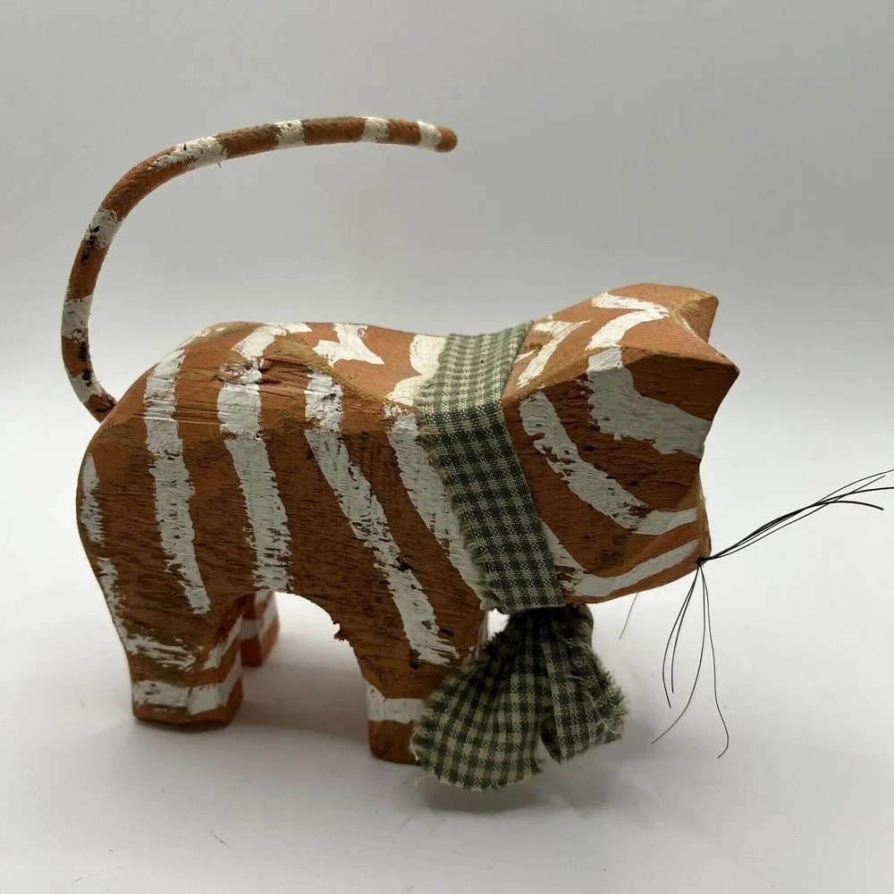 Hand Carved Painted Cat Orange Striped Primitive Folk Art Signed 1998 Whiskers‎